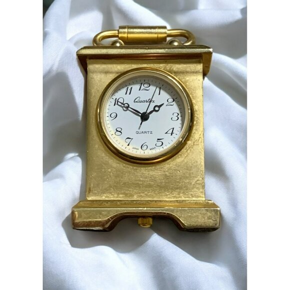 Vtg Quartex Miniature Gold-Tone Quartz Table Clock Handle Mini Mantel - Picture 5 of 8